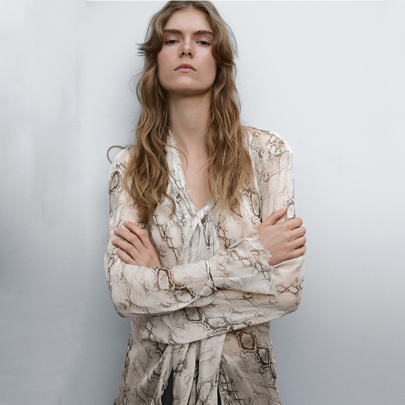 French-Style Semi-Sheer Lightweight and Flowy Snake Print Scarf Collar Long-Sleeve Shirt for Women