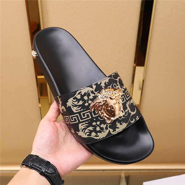 European Style Men's Slip-On Sandals, Genuine Leather with Printed Design, Breathable Cowhide, Outdoor Wear, Vasahi Sandals, Non-Slip Beach Shoes