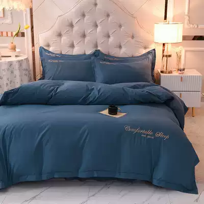 European-style simple four-piece set Cotton pure cotton bed skirt solid color embroidery quilt cover Bedding 1 8m bed single bed set 4