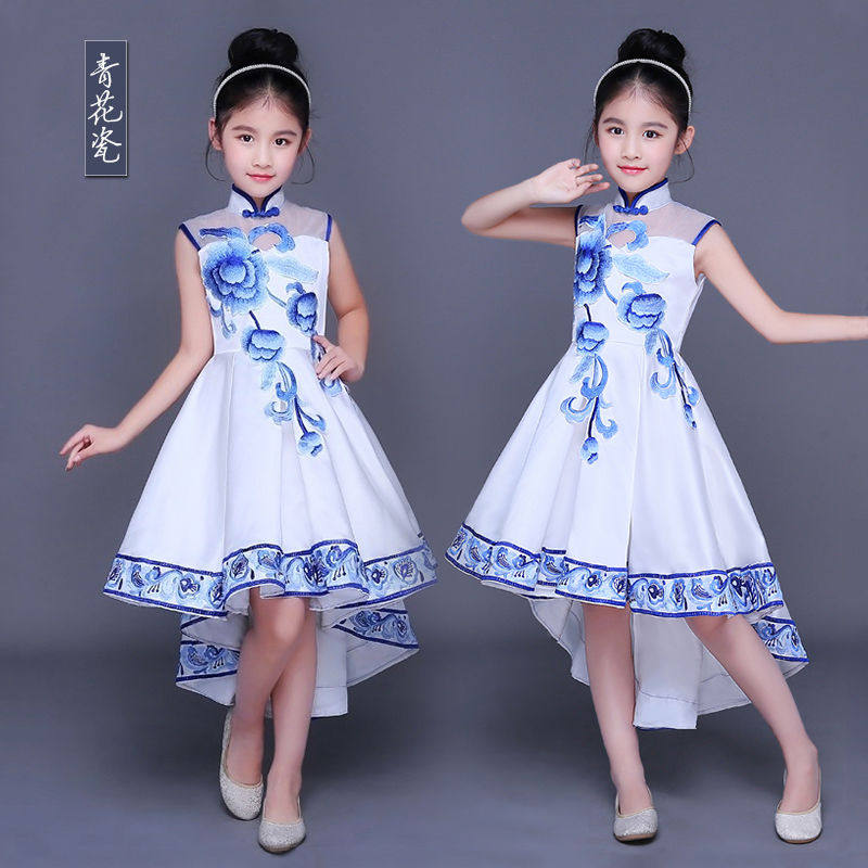 Six-1Children's Blue Porcelain Show Kindergarten Dance Dress Student Choir Show Dance Swallow