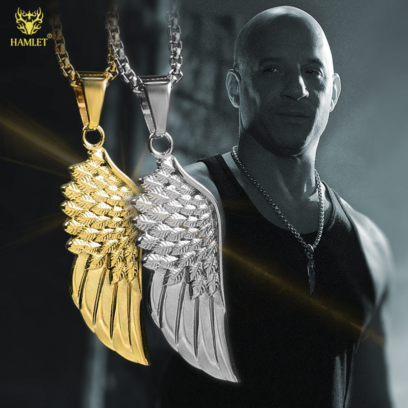 American-Style Jewelry Angel Wings Lucky Feather Pendant Necklace Men's Titanium Steel Trendy Sweater Chain Biker Personality Accessory