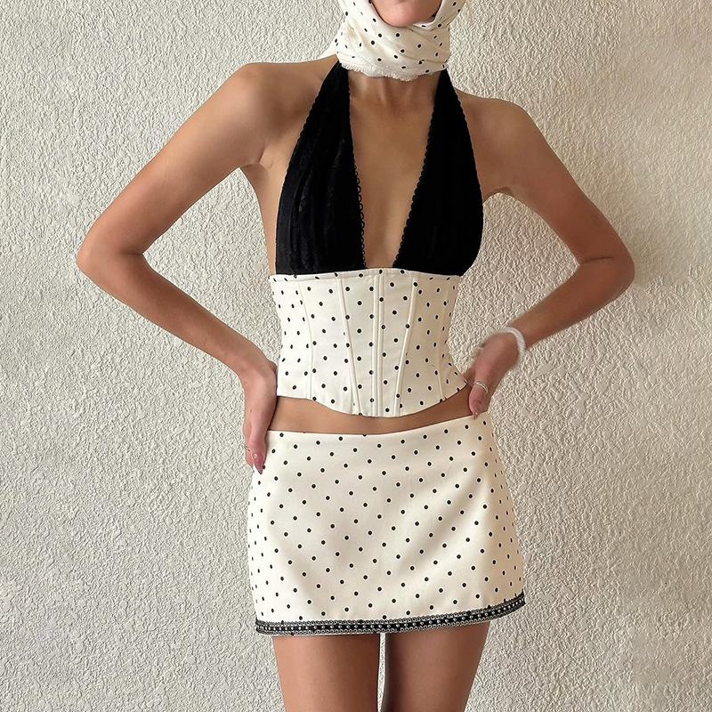 French Sweetheart Lady Fashion Trendy Patchwork Deep V Polka Dot Top Asymmetrical High-Waisted Skirt Hot Girl Outfit