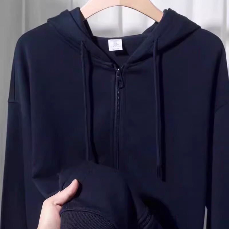 A Very Wearable Cardigan! Spring Navy Blue Loose-Fitting Drop-Shoulder Zip-Up Jacket, Casual Hooded Top for Men and Women