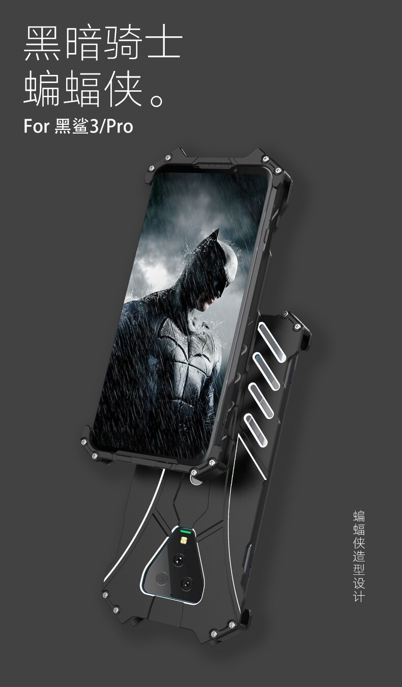 R-Just Batman Shockproof Aluminum Shell Metal Case with Custom Batarang Stent for Xiaomi Black Shark 3 Pro & Xiaomi Black Shark 3