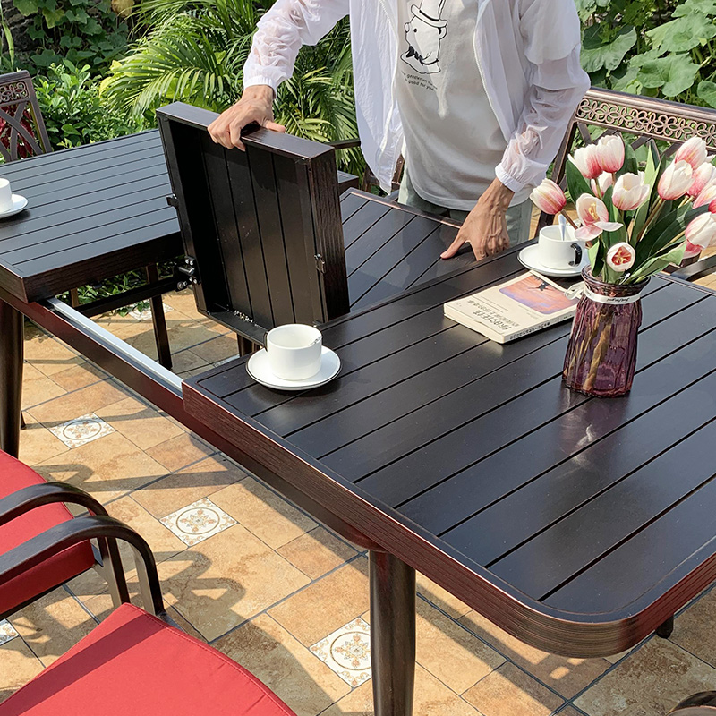 Far-Lush Outdoor Table And Chairs Aluminum Alloy Open-air Villa Courtyard Outdoor Cast Aluminum Table And Chairs Embalming Wooden Table Casual Composition