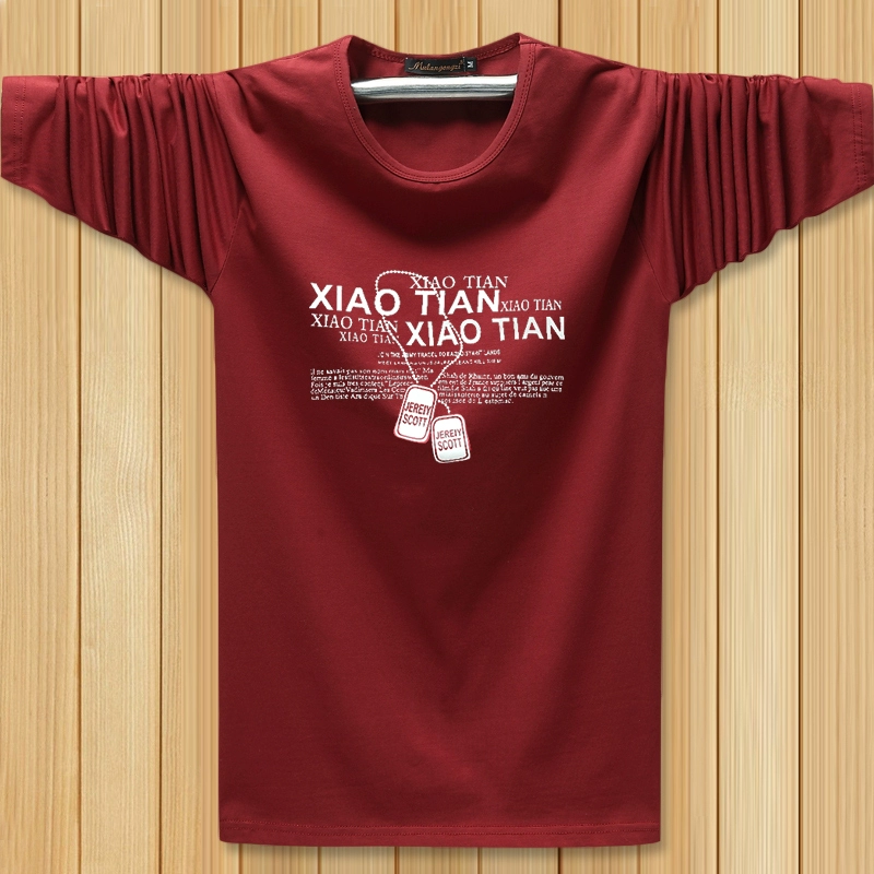 Áo thun nam tay dài mùa thu áo thun cổ tròn rộng đáy cộng với chất béo cộng với size áo cotton chất béo mùa thu áo sinh viên - Áo phông dài