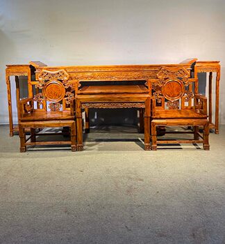 Antique Furniture from Old Collections: Hainan Huanghuali Wood Six-Piece Set for a Traditional Chinese Living Room, Including a Solid Wood Offering Table, Side Table, and Raised-Head Table