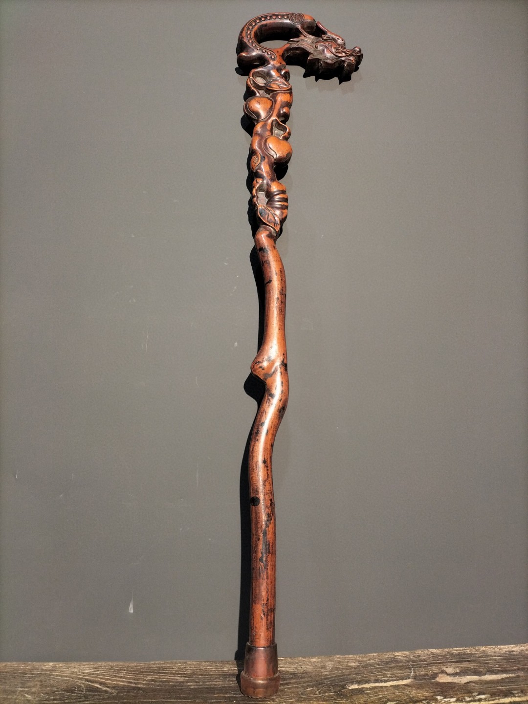 Antique old collection solid wood rosewood high relief carving double dragons playing with beads, fortune, longevity and Baifu crutches and walking sticks in various styles