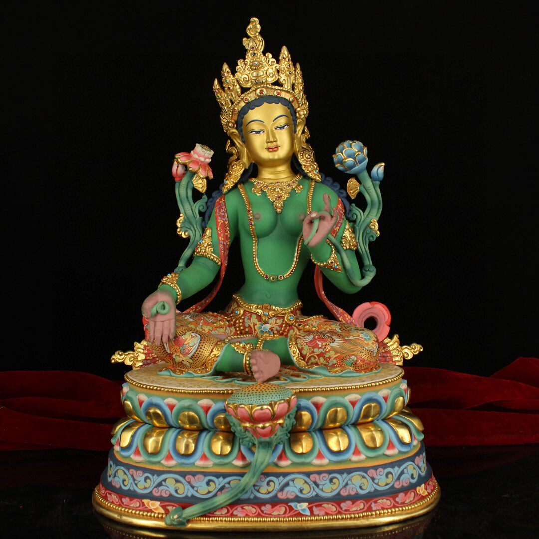 Nepal's top master craftsmen and painters hand-made red copper and real gold painted green Tara collection for decoration