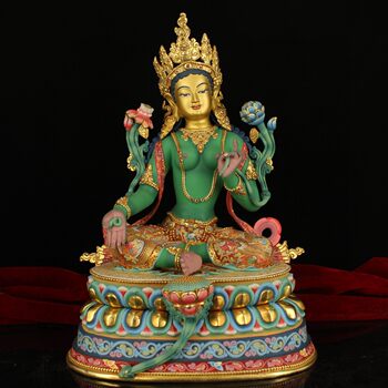 Nepalese Top Master Craftsman Painter's Handmade Copper Gilt Real Gold Painted Green Tara Collection Ornaments