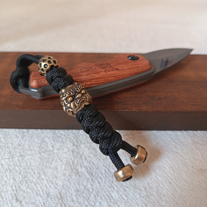 Brass Lion Dance Abacus Bead Braided Paracord Keychain Pendant Decoration Bag Accessory Outdoor Edc Knife Pendant Ornament