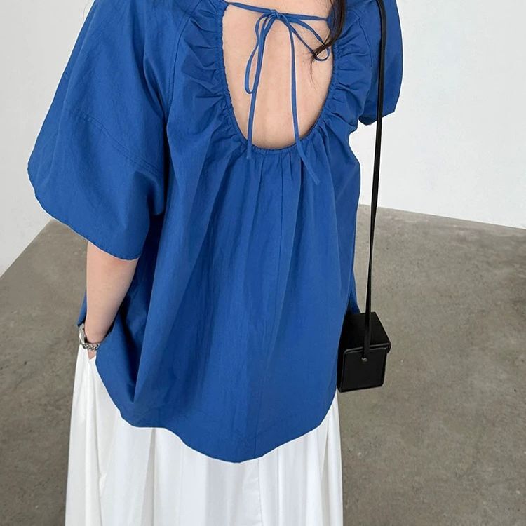 Plus Size 150kg Mature French Style Niche Short-Sleeved Shirt for Women, Summer Loose Shirt with Back Tie and Hollow Design for Chubby Girls 2