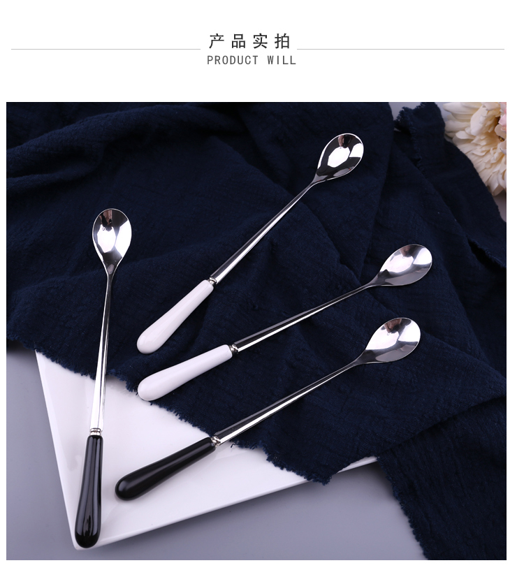 Lưới màu đỏ rung cà phê Hàn Quốc cá tính sáng tạo bằng thép không gỉ màu đen và trắng gốm xử lý muỗng thìa dài tay khuấy thìa - Cà phê phin pha cafe inox lớn