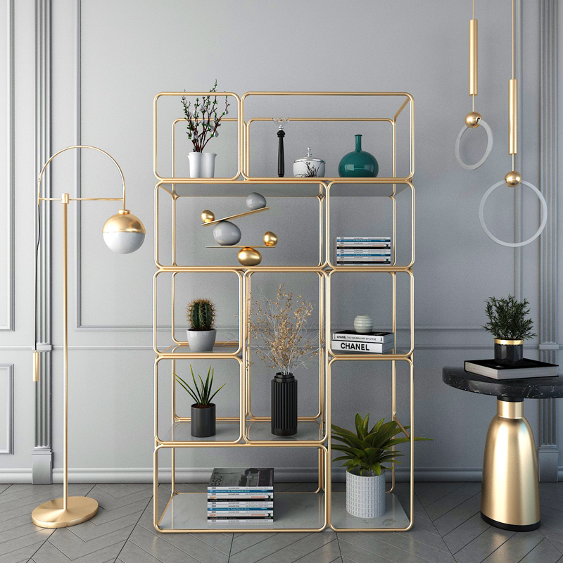 Living room shelf partition wrought iron Nordic bookshelf entryway floor storage storage rack modern wall shelf light luxury