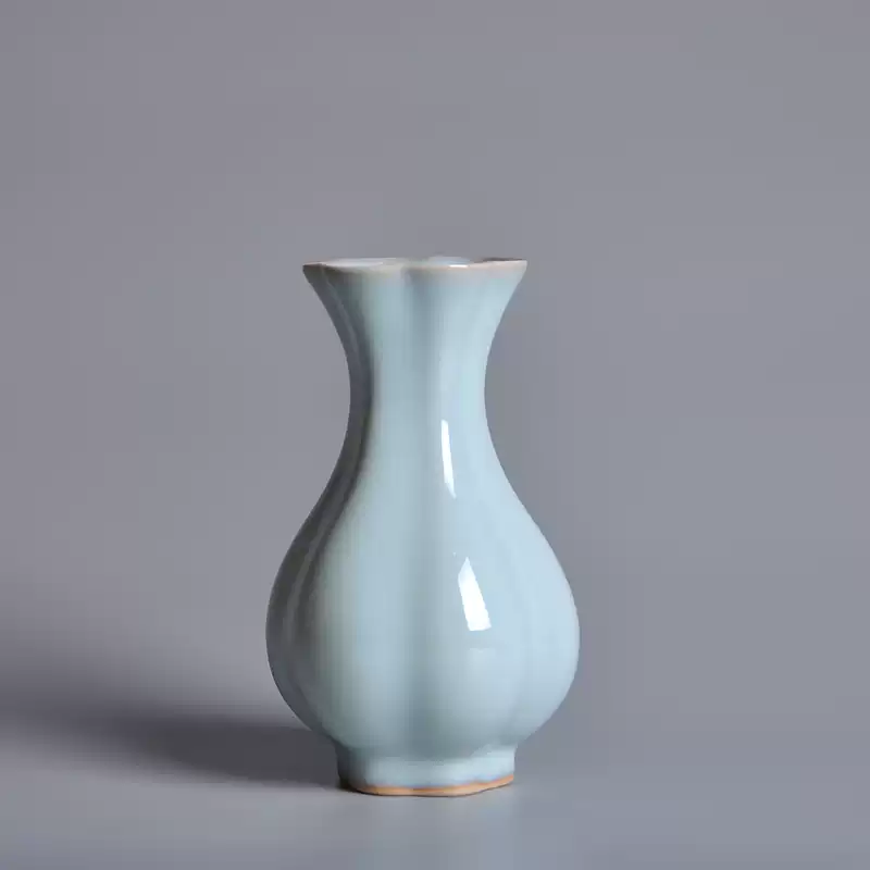 中国 青釉 青瓷 花瓶 瓶 青磁 花器 瓷器 花 宋代传世青瓷海棠瓶天青釉汝瓷陶瓷花瓶手工制作陶瓷花器小清新青瓷摆件