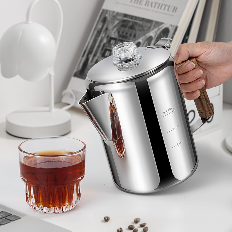 304 Stainless Steel Camping Convenient Kettle and Coffee Pot, American-Style Steaming 9-Cup Indoor and Outdoor Coffee Pot
