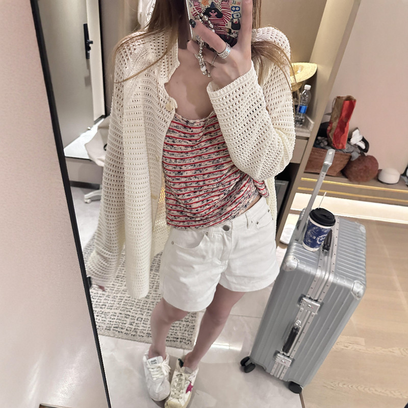 Korean-Style Lapel Hollow-Out Knit Cardigan Crochet Top Jacket Three-Dimensional Jacquard Vest Set Air-Conditioning Shirt for Women in Spring and Summer