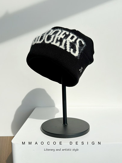 American-Style Trendy Brand Letter Knit Hat for Women, Winter Warm Wool Hat That Makes the Face Look Smaller, Cold Weather Hat with Ear Protection and Full Head Coverage