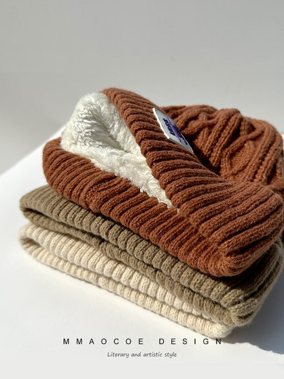 Plush knitted hat for women in winter, thickened and warm for cycling, anti-cold ear protection hat, Korean style letter versatile woolen hat for men