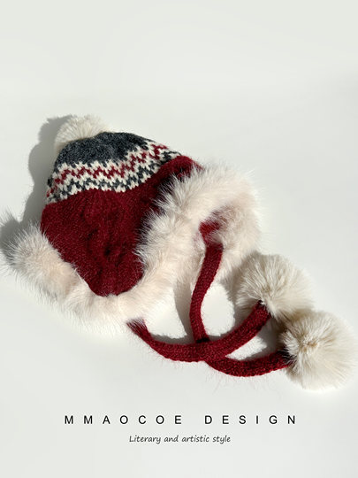 Fair Isle Style Knitted Wool Hat for Women, Fleece-Lined, Thickened, Warm, Windproof, Ear-Protecting, Suitable for Northeast Skiing, Looks Great in Photos