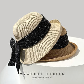 Small Brimmed Straw Hat for Women, Summer 2025 New Model, High-End Polka Dot Bowknot Wide-Brimmed Fisherman Hat, Beach Sun Hat