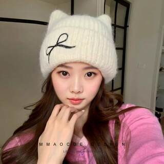 Knitted Hat for Women, Autumn and Winter, Cute, Makes the Face Look Smaller, Warm, Ear-Protecting, Thickened for Skiing, New Korean Style, Bowknot, Trendy Wool Hat