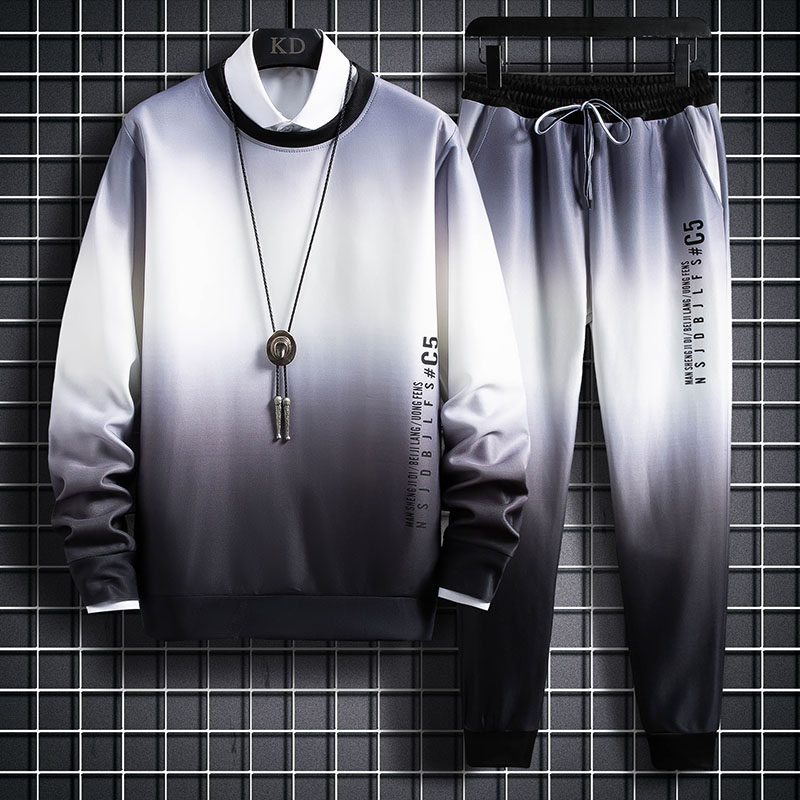 Long sleeve T-shirt men's 2021 autumn new long sleeve trousers set male teenage students slim gradient sweater men