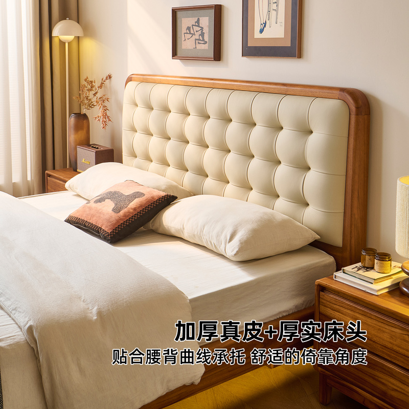 King of All Woods Burmese Teak Solid Wood Bed 1.8m Double Bed Master Bedroom Soft Upholstered Leather Floating Bed Sturdy and Durable Bed
