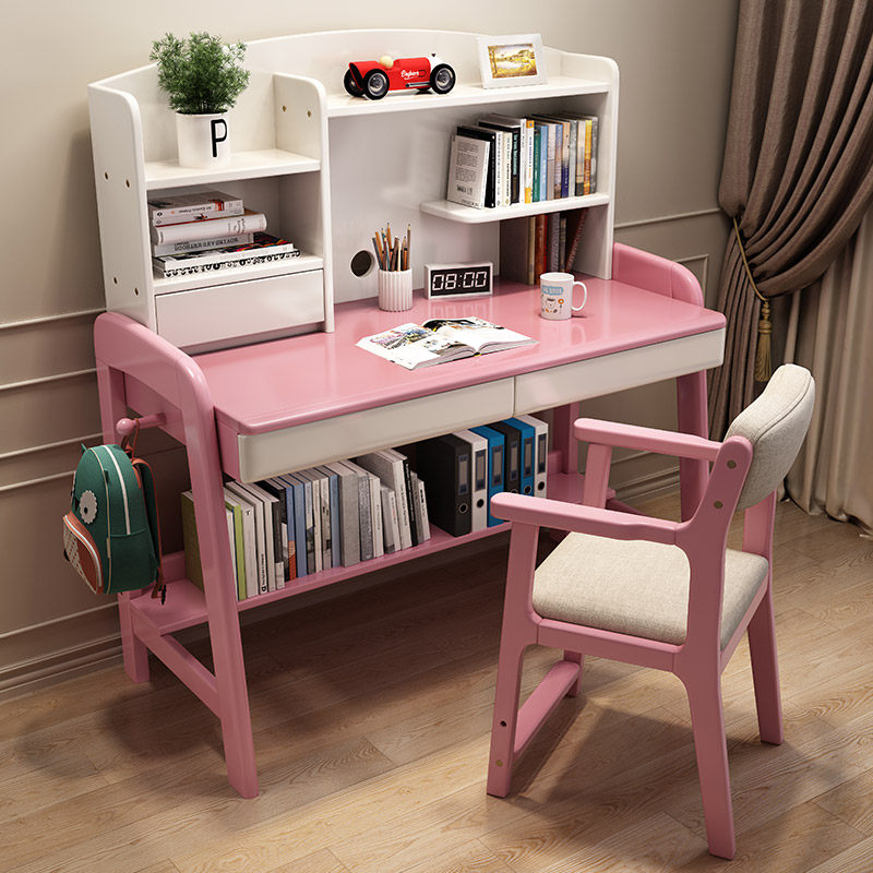 Full solid wood children study table elementary school children's home computer desk bedroom with lifting desk bookshelf integrated desk
