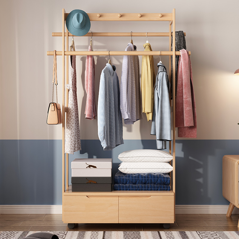 Solid wood clotheshorse minimalist for home Nordic multifunction hanging hanger living room New Chinese style with drawer floor shelf