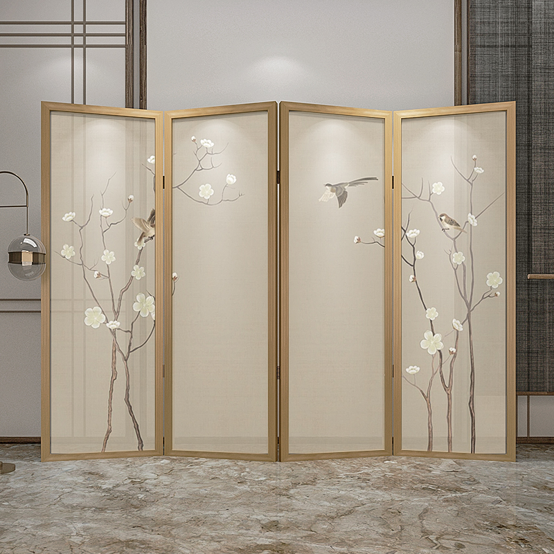 New Chinese meditation cloth art original wood color solid wood folding screen partition living room Xuanguan Hotel Sheltering Flowers Birds
