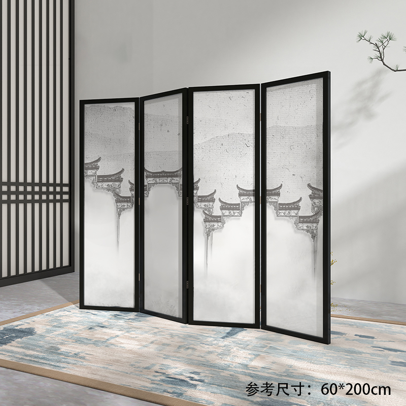 Modern Chinese screen partition living room folding mobile custom wood folding office tearoom fabric painting