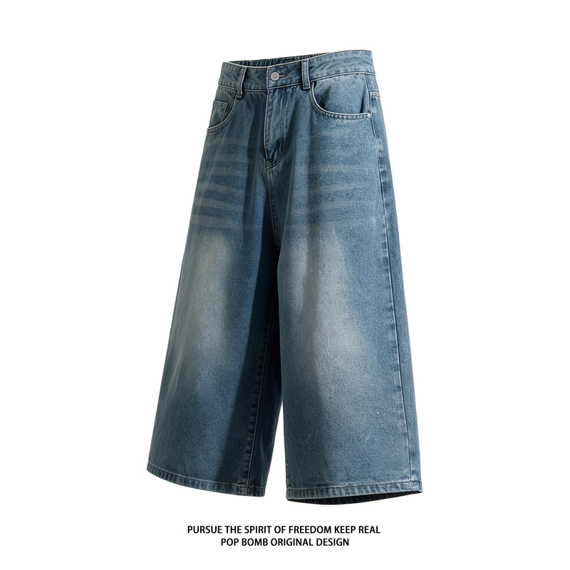 Washed Vintage Patchwork Denim Capri Pants for Men, Summer Vibe High Street American Style Sports Shorts, Loose 7/8 Pants