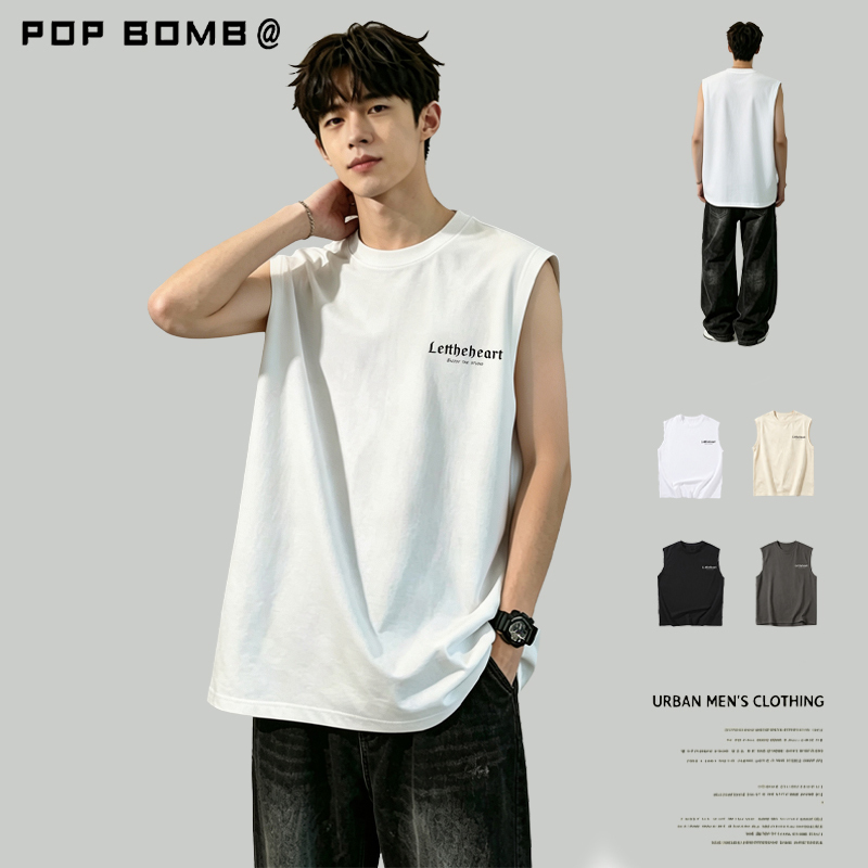 Pop Bomb Summer Cotton Vest Men's Hong Kong Style Trendy Brand Loose Sports Sleeveless Short-Sleeved T-Shirt