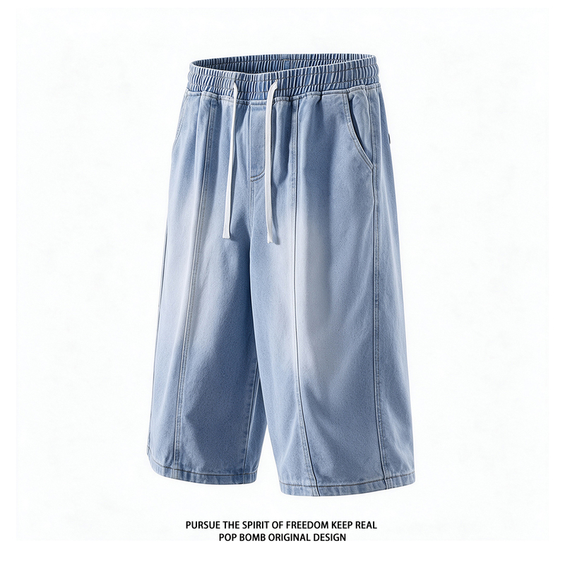 Washed Vintage Patchwork Denim Capri Pants for Men, Summer Vibe High Street American Style Sports Shorts, Knee-Length 7/8 Pants