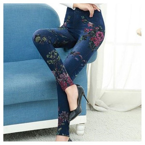 中老年印花仿牛仔加绒打底裤女
