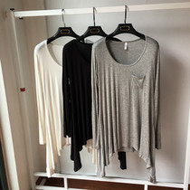 European and American street flapping wind ~ pituitary artificial silk irregular hem with large round neckline lady T-shirt bottom outside wearing