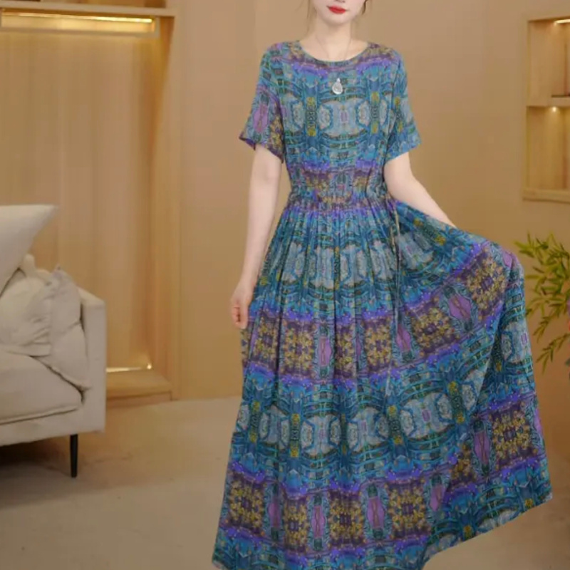 Short-Sleeved Long Linen Dress, Summer and Autumn Artistic Women's Clothing, Slimming Long Skirt, Large Hem Skirt, Drawstring Waist Short-Sleeved Long Linen Dress, Summer and Autumn Artistic Women's Clothing, Slimming Long Skirt, Large Hem Skirt, Drawstring Waist