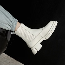 All leather white boots booties womens 2021 new autumn and winter thick-soled Chelsea chimney boots plus velvet Martin boots