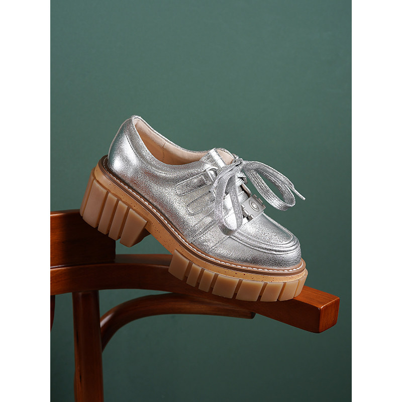 Silver bull skin deep mouth thick sole shoes with 2022 Spring and Autumn new Yang Le Fu shoes high heel gold shoes