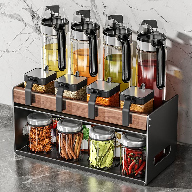 Kitchen Spice Rack with Vintage-Style Seasoning Jars, Storage Box, Condiment and Seasoning Combination Set, Oil, Salt, Sauce, and Vinegar Rack