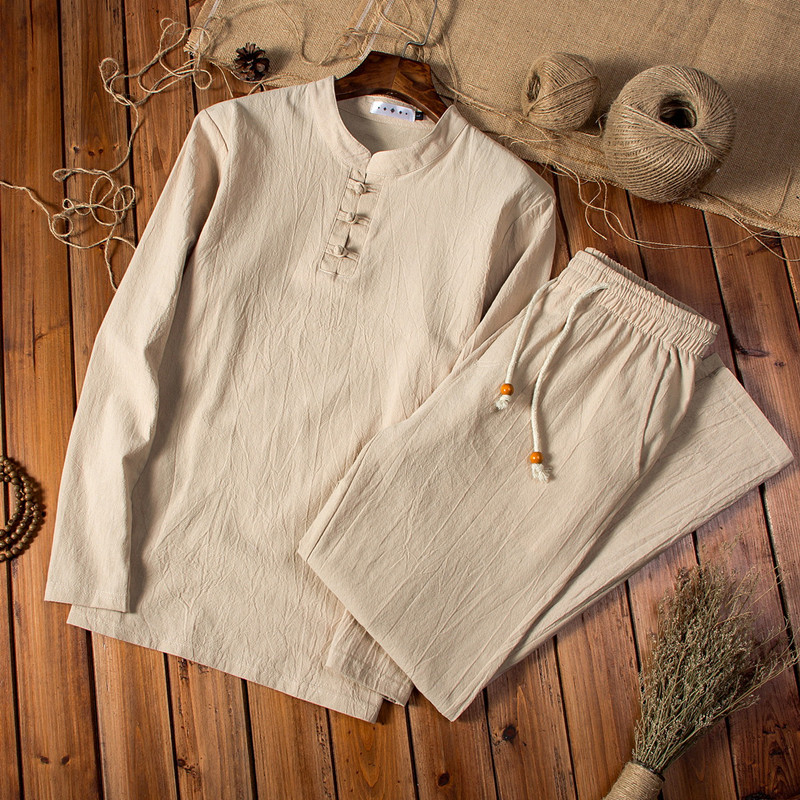 Chinese-Style Tang Suit Set for Men, Zen Meditation Clothing, Layperson Clothing, Tea Clothing, Linen Hanfu for Middle-Aged and Elderly, Cotton-Linen Zhongshan Suit for Young People