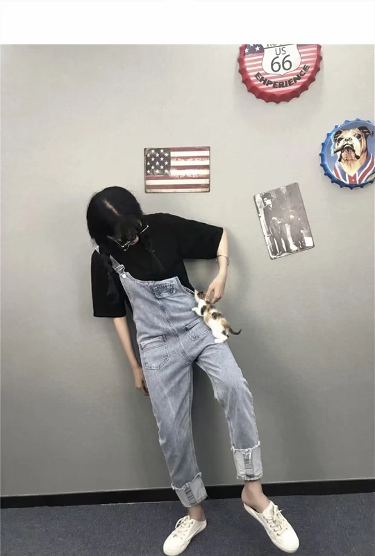 Hồng Kông sang trọng mang phong cách nữ mùa hè phong cách mới Daning loạt thời trang denim tình yêu đầu tiên quần curling lỏng quai chín quần thủy triều quần bò chun