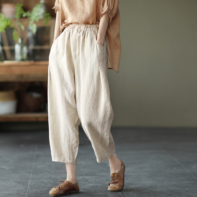 Summer Heavy Industry 60 Count Linen Women's Pants Elastic Waist Loose Casual Carrot Pants Literary Slimming Spliced ​​​​Solid Color Linen Pants