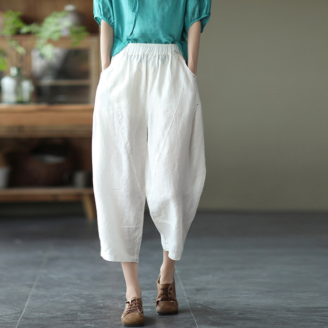 Summer Heavy Industry 60 Count Linen Women's Pants Elastic Waist Loose Casual Carrot Pants Literary Slimming Spliced ​​​​Solid Color Linen Pants