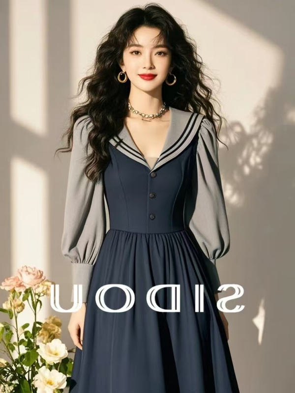 Niche Non-Colliding Shirt, Chic Dark Blue Dress 2024 New Autum Super Nice Loose Navy Collar Long Skirt Niche Non-Colliding Shirt, Chic Dark Blue Dress 2024 New Autum Super Nice Loose Navy Collar Long Skirt