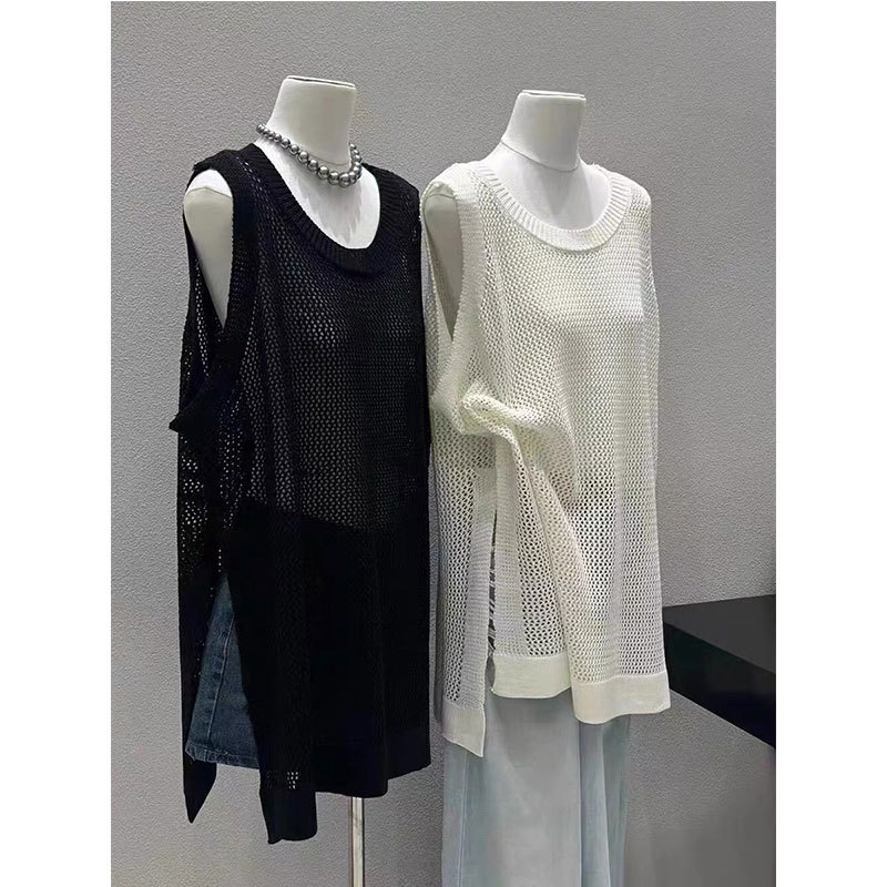 2025 Summer Round Neck Hollow Out Vest Loose Side Slit Mid-Length Sun Protection Cover-Up Sleeveless Ice Silk Knitted Tank Top for Women