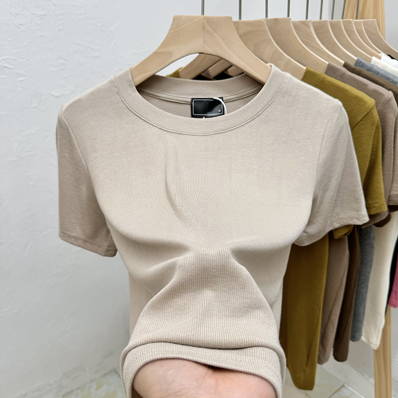 Summer New Bm Pure Color Milk Apricot Round Neck Short-Sleeved T-Shirt Women's Threaded Loose Slimming Look Elastic Top Right Shoulder T-Shirt