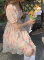 Pink Shattering dress Dress Woman Summer Lock Bone Collection Waist Display Slim collar atmosphere Sensation Bubble Sleeves Oil Painting First Love Short Dress