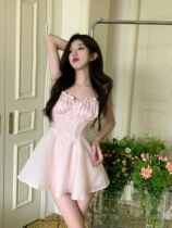 Sweet and spicy pink jacquard trombone with cloisty dress Summer sexy closeted waist temperament short dress pure desire no sleeveless dress